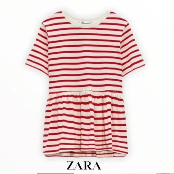 Zara Red White Striped Peplum Tee Top Shirt Size Small NWT - Picture 2 of 4